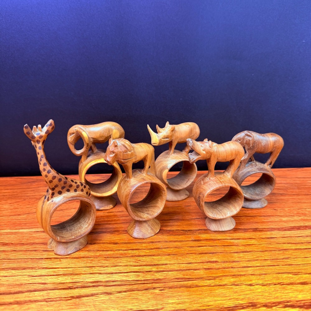 Hand Carved Wood Safari Animal Napkin Rings Set 6 Brown Vintage Folk Art SRO